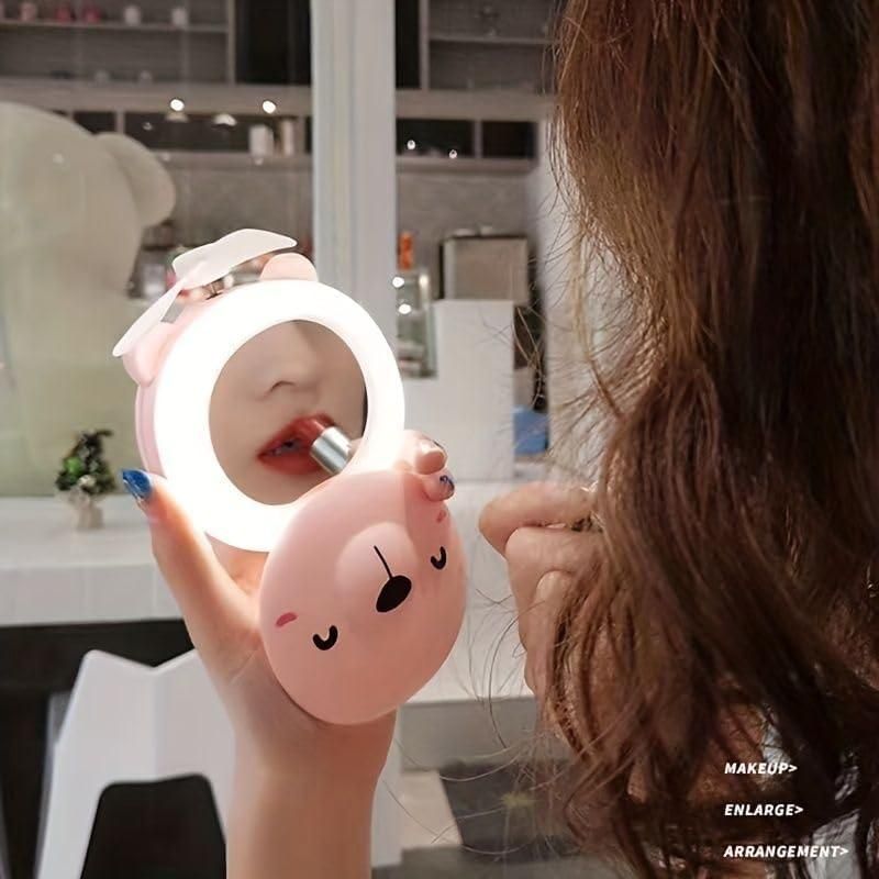 Cute Pig LED Mirror Fan - 3-in1 Portable Desk Fan with Light & Mirror | USB Rechargeable, Adjustable Speed, for Home/Office/Travel (Pink)