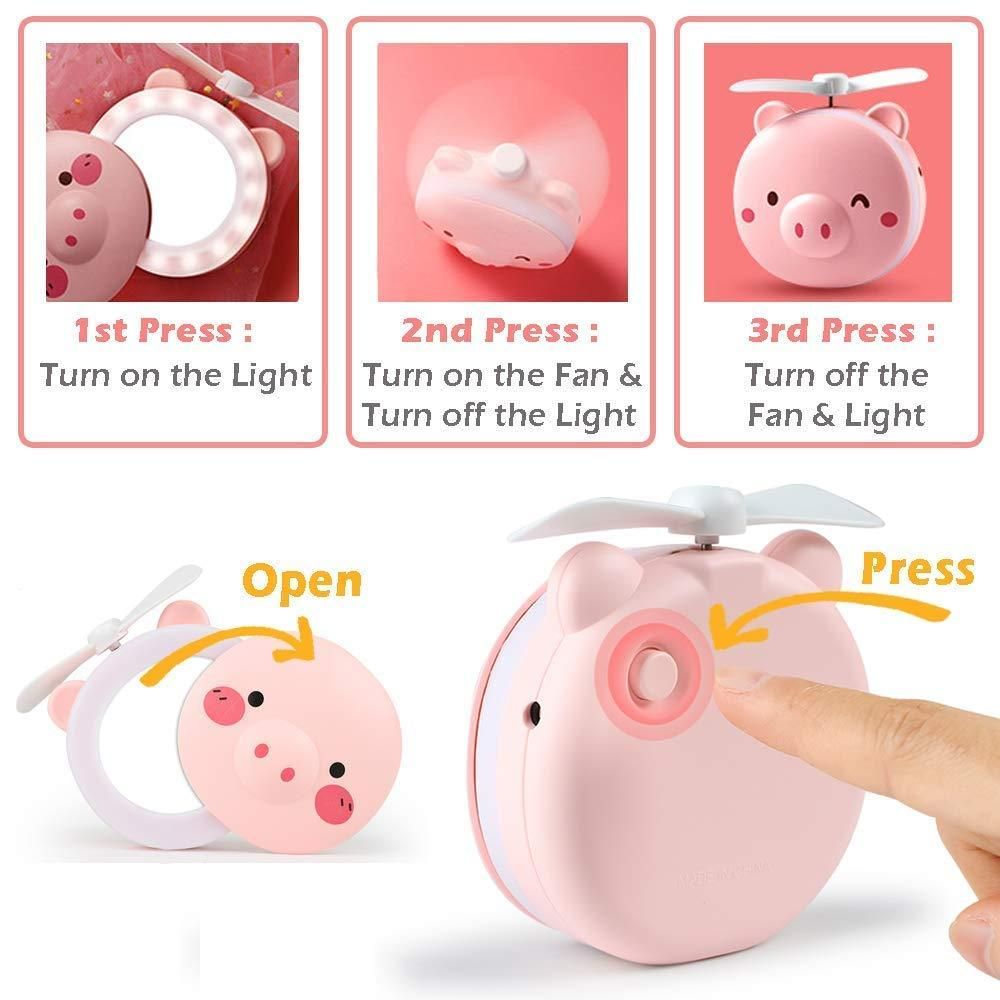 Cute Pig LED Mirror Fan - 3-in1 Portable Desk Fan with Light & Mirror | USB Rechargeable, Adjustable Speed, for Home/Office/Travel (Pink)