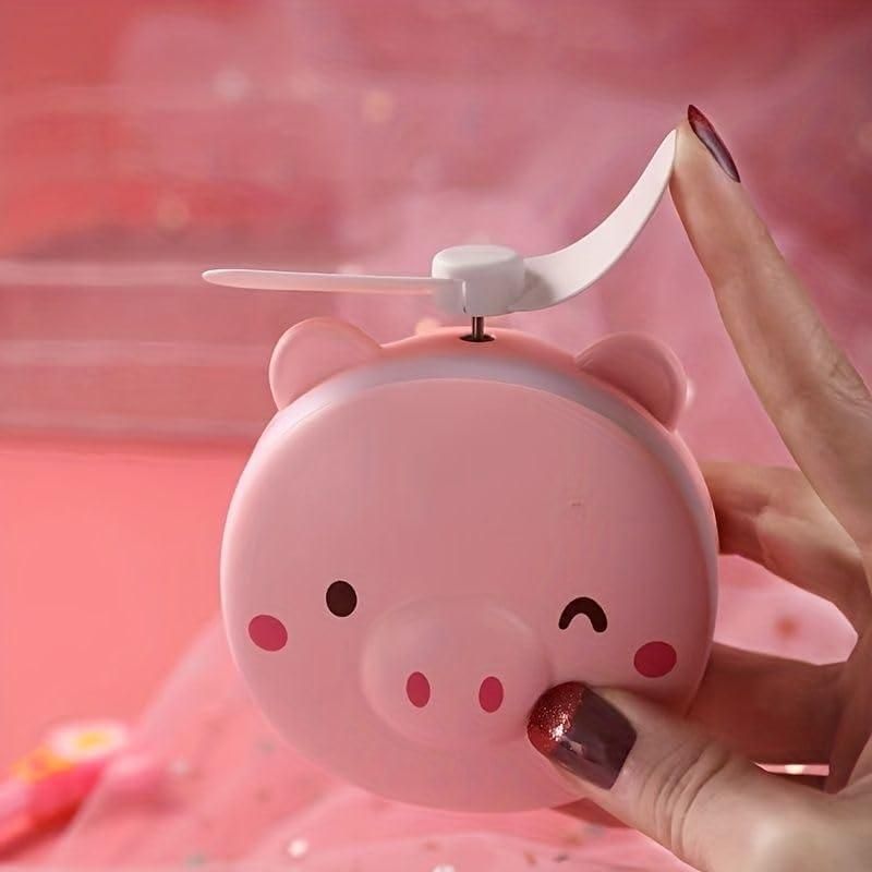 Cute Pig LED Mirror Fan - 3-in1 Portable Desk Fan with Light & Mirror | USB Rechargeable, Adjustable Speed, for Home/Office/Travel (Pink)