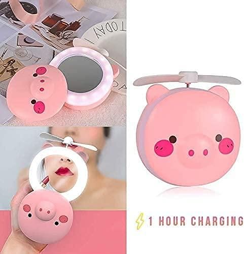 Cute Pig LED Mirror Fan - 3-in1 Portable Desk Fan with Light & Mirror | USB Rechargeable, Adjustable Speed, for Home/Office/Travel (Pink)