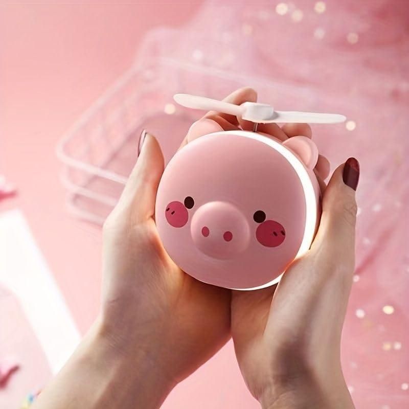 Cute Pig LED Mirror Fan - 3-in1 Portable Desk Fan with Light & Mirror | USB Rechargeable, Adjustable Speed, for Home/Office/Travel (Pink)