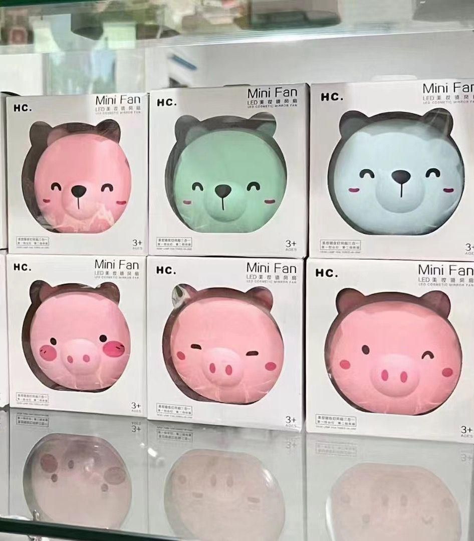 Cute Pig LED Mirror Fan - 3-in1 Portable Desk Fan with Light & Mirror | USB Rechargeable, Adjustable Speed, for Home/Office/Travel (Pink)