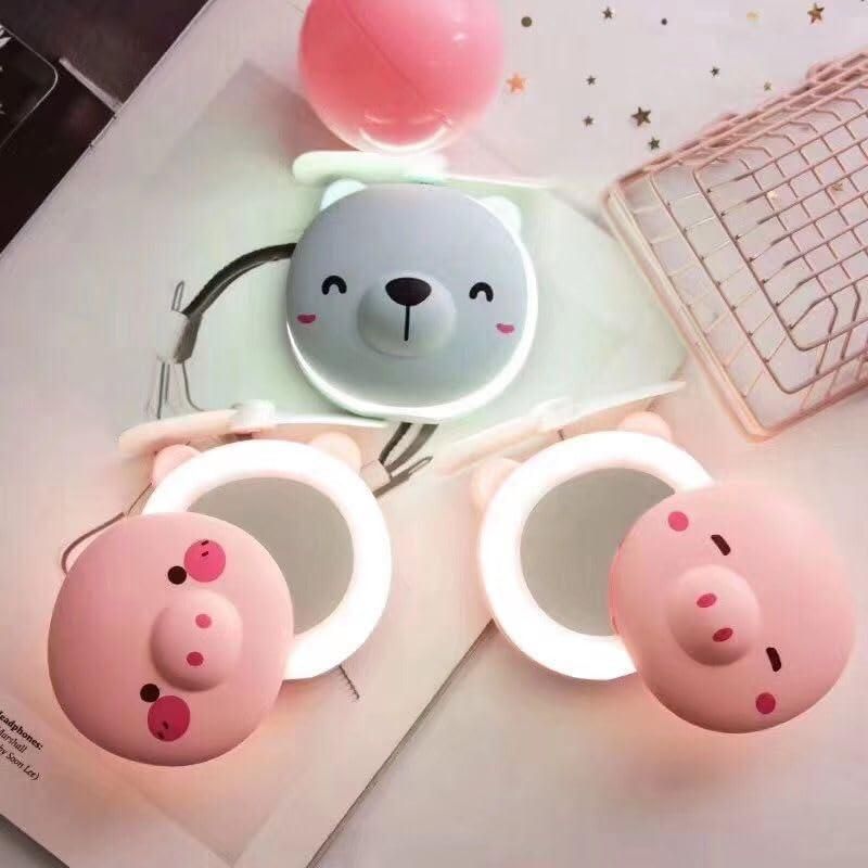 Cute Pig LED Mirror Fan - 3-in1 Portable Desk Fan with Light & Mirror | USB Rechargeable, Adjustable Speed, for Home/Office/Travel (Pink)